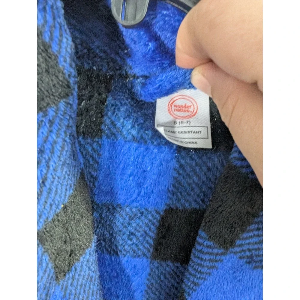 Wonder Nation Boy Blue Black Buffalo Plaid Fleece Bathrobe Size S 6-7 Plush Robe